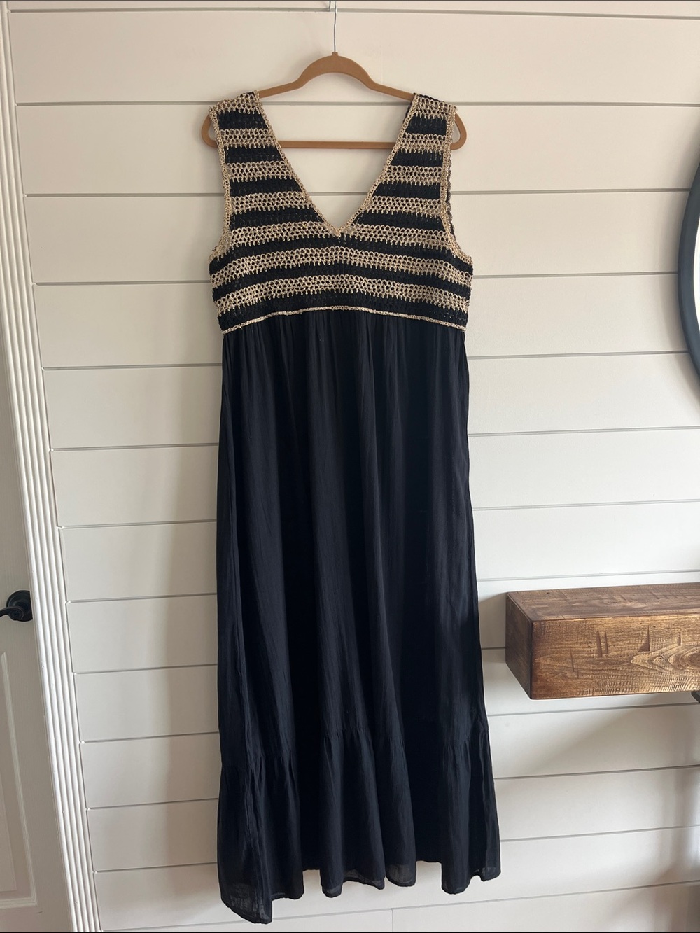 OVS Black Maxi Dress with Tan Gold Crochet Bodice Size Large